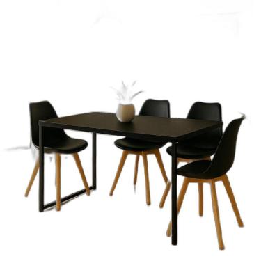 Imagem de Conjunto Mesa De Jantar Retangular 120x80cm Com Tampo Preto E Estrutura Em Aço Preto + 4 Cadeiras Pretas Pés Em Madeira