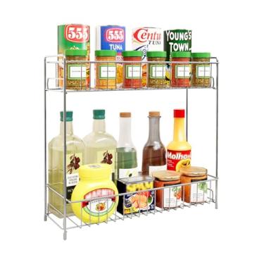 Imagem de YQh Organizador de temperos de camada dupla, prateleira de armazenamento de bancada de cozinha de aço inoxidável, suporte vertical para condimentos (adequado para garrafas, frascos, produtos enlatados