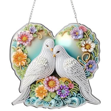 Imagem de Kit de arte de diamantes pendurados para o Dia dos Namorados para adultos, kit de arte de pintura de diamantes DIY Dove of Peace Diamonds, kit de pintura de diamantes acrílicos, 19,7 x 18,8 cm, kits