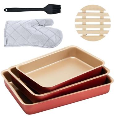 Imagem de Jogo Assadeira Alta 3 Peças + Luva + Pincel +Descanso Panela