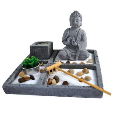 Imagem de Terrário Bandeja Areia Altar Jardim Zen Decorativo Porta Vela Meditação Pedra 14cm