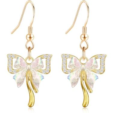 Imagem de unixmoment Brincos femininos delicados de ouro 14 quilates com laço de cristal brilhante e franja, Regular, Metal, Sem pedra preciosa