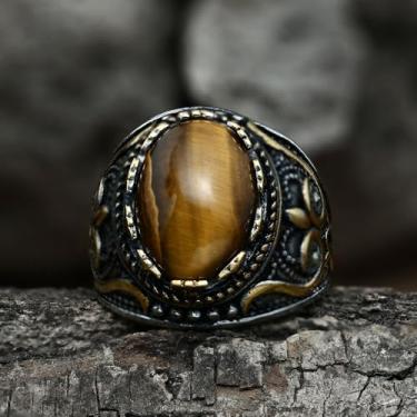 Imagem de Anel de aço inoxidável turquesa e olho de tigre com padrão vintage – Joias masculinas duráveis de inspiração retrô com design intrincado, Turquesa artificial, Sem pedra preciosa