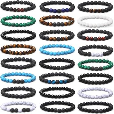 Imagem de Landical Conjunto de 24 pulseiras de contas de pedra natural de 8 mm, pulseira masculina de olho de tigre, pulseira elástica de pedra vulcânica, contas foscas, ônix ajustáveis, pulseira difusora de