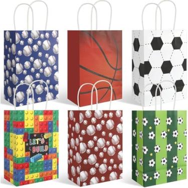 Imagem de 20 peças de sacos de lembrancinha de festa esportiva com alças, sacolas de presente de festa esportiva, sacos de guloseimas de doces, futebol, beisebol, basquete, futebol, esportes, festa, artigos