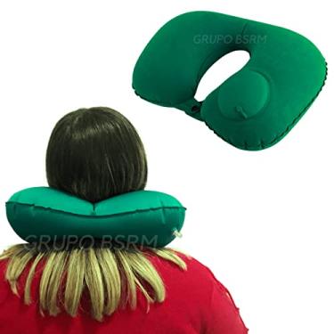 Imagem de Almofada Pescoço Travesseiro Inflável Viagem Encosto Avião Camping Dormir Apoio Descanso Inflavel Cervical Carro Viagens (Verde)