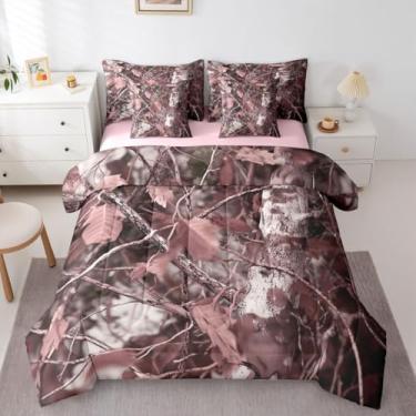 Imagem de Erosebridal Jogo de cama King com estampa de folhas de árvores, 7 peças, temática rústica de caça selvagem e natureza, estampa de folhas rosa, casa de fazenda para adolescentes, homens e mulheres