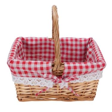 Imagem de YOUTHINK Cesta de Piquenique de Vime, Artesanato Em Renda, Cesta Vintage Tecida à Mão, Tecido de Linho, Cesta Oval Com Alça para Reunião Familiar, Lanches, Frutas, Legumes, Utensílios de (xadrez