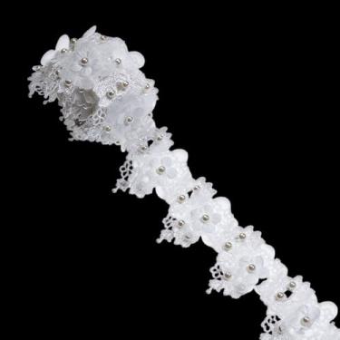 Imagem de letsinstyle Acabamento de renda de flor branca de 3 metros com pérola, fita de acabamento de renda com flores de pérola 3D, enfeites florais de chiffon para artesanato de costura DIY vestido de
