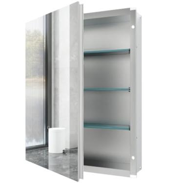 Imagem de HESONTH Espelho de armário de remédios de 56 x 76 cm com armazenamento, suporte de superfície de alumínio ou armário de remédios embutido com prateleiras ajustáveis para banheiro e quarto