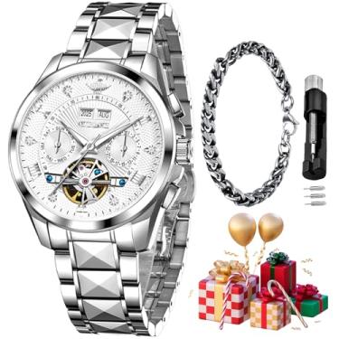 Imagem de OUPINKE Relógio masculino automático esqueleto diamante original mecânico automático relógio de pulso luxuoso para homens, G3270G: pulseira prata e mostrador branco, Presente de luxo, negócios, casual