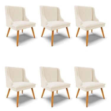 Imagem de Kit 6 Cadeiras Estofadas Para Sala De Jantar Pés Palito Lia Linho Bege - Ibiza