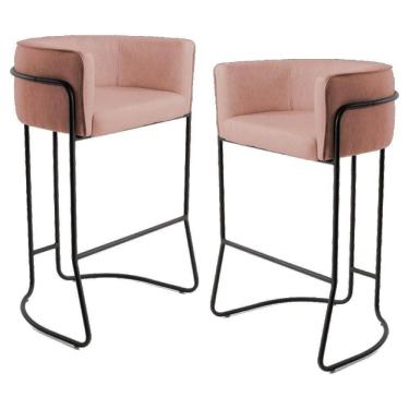 Imagem de Kit 2 Banquetas Decorativas Base Aço Preto Betina C-105 Linho Rosê - Domi