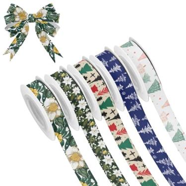 Imagem de SEHANY 5 rolos de fita de Natal 0,59 polegadas 5 jardas fitas de tecido de árvore de Natal fitas de cetim festivas fitas decorativas de Natal para embrulho de presente faça você mesmo artesanato