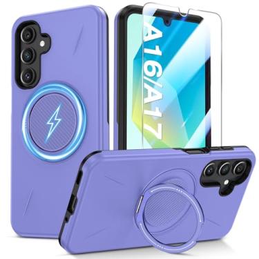 Imagem de Capa para celular Samsung Galaxy A16/A17 5G com anel de suporte de 360° e protetor de tela de vidro temperado [compatível com MagSafe], capa amortecedora à prova de choque de policarbonato e TPU de
