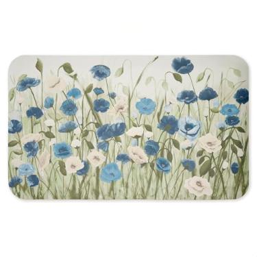 Imagem de Tapete antifadiga Blue Poppy Garden, ergonômico acolchoado para cozinha e tapete de pé com suporte antiderrapante, tapete confortável ecológico, design de Kelly Elizabeth, 76 cm x 45 cm