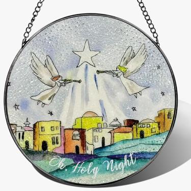 Imagem de LAOWEIKI Apanhador solar de vitral religioso de Belém, decoração de janela, enfeite de noite sagrada, decoração de feriado cristã, presentes cristãos, presentes religiosos, presente de Natal