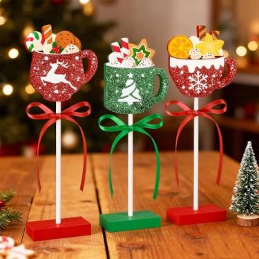 Imagem de Conjunto de 3 peças de decoração de mesa de Natal de madeira, bandeja de Natal em camadas vermelha e verde para mesas de cozinha e escritório em casa (xícara de café)