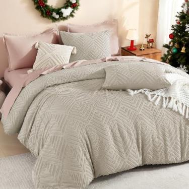 Imagem de Litanika Conjunto de edredom queen grande de aveia, 3 peças, adornado boêmio, casa de fazenda, leve e fofo para todas as estações (edredom de 98 x 98 polegadas e 2 fronhas)