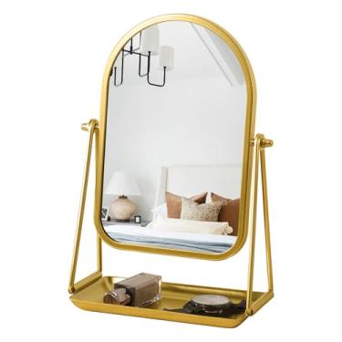 Imagem de Espelho de mesa de mesa espelho de maquiagem espelho de maquiagem 360° rotação ajustável espelhos de metal dourado emoldurado com bandeja espelho cosmético de mesa para sala de estar, quarto, mesa