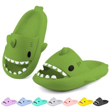 Imagem de LUYOO Chinelos infantis com nuvem de tubarão | Sandálias para meninos e meninas | Chinelos de praia infantis | Chinelo de peixe juvenil para banho de piscina, Verde escuro, 12.5-13 Little Kid