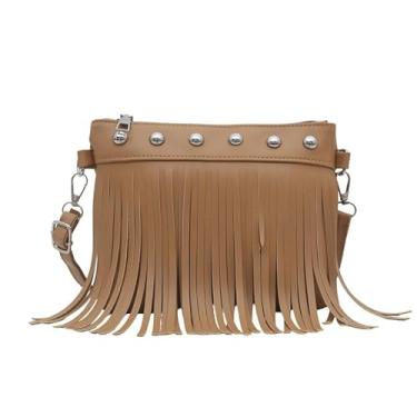 Imagem de Bolsa de ombro com franjas com tachas, bolsa transversal estilo vintage, bolsa feminina boho espaçosa, Caqui, Medium, Mochila casual
