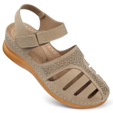 Imagem de SHIBEVER Sandálias femininas fechadas: sandália de cunha elegante de verão - Sandálias vazadas confortáveis de pescador, 79-damasco, 39