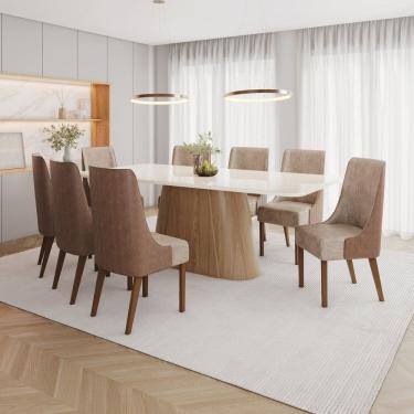 Imagem de Conjunto Mesa Olívia 200cm com Vidro 08 Cadeiras Ivy Marrom/Off White/Caramelo/Creme
