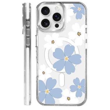 Imagem de MQJCYB Capa magnética para iPhone 16 Pro Max Design em base transparente, compatível com MagSafe, capa protetora fina de TPU macio para telefone feminino e meninas - lindo jardim de flores azuis