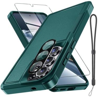 Imagem de Capa para Samsung Galaxy S26 Ultra com protetor de tela + capa de lente de câmera, capa de telefone resistente à prova de choque de grau militar com alça de pulso para Samsung S26Ultra, verde escuro