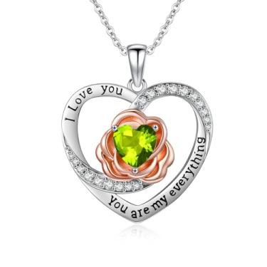 Imagem de WYDDO Colar feminino com pedra do mês de nascimento, coração, rosa, pingente "I Love You", aniversário, Natal, Dia dos Namorados, presente para sua esposa, filha, mãe, Base, Zircônia cúbica