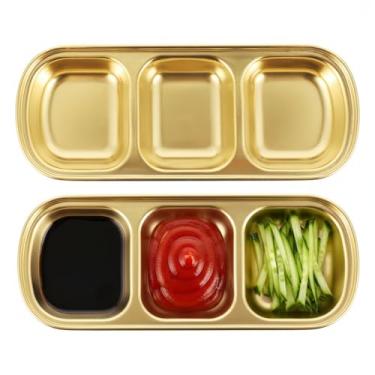 Imagem de 2 peças de pratos de molho de aço inoxidável, 3 compartimentos para molho de soja, tigela para molho de sushi, pratos para aperitivo para molho de soja, ketchup, molho de churrasco ou tempero ( )
