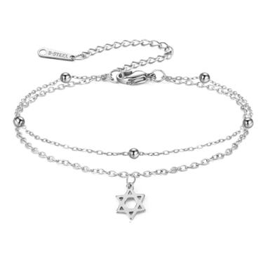 Imagem de TEAMER Pulseira ajustável com estrela de Davi, contas de camada dupla, corrente de estrela de Davi, hexagrama judaico, amuleto, joia feminina, 8.7*11.2mm, Aço inoxidável, Sem Pedra Preciosa