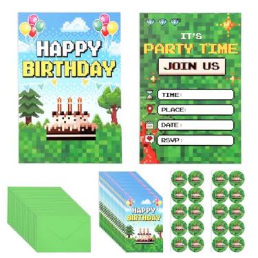 Imagem de 20 Conjunto de Convites Aniversário com Tema Pixel Art, Envelopes e Adesivos Convites Inspirados em Videogames para Festas de Aniversário Meninos e Meninas