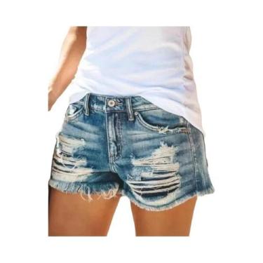 Imagem de Shorts Jeans Skinny Rasgado De Cintura Alta Para Mulheres, Casual De V