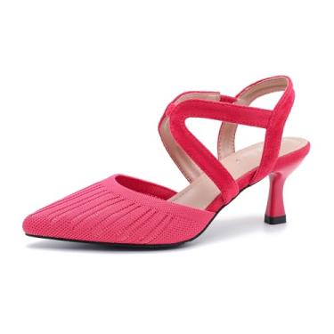 Imagem de Sapato feminino fechado de malha com salto baixo gatinho elástico tira no tornozelo bico fino slingback confortável vestido de festa de casamento, Rosa choque, 39