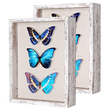 Imagem de 2 pacotes de moldura de caixa sombreada de 28 x 35 cm com parte traseira de linho – caixa rústica resistente para exibição de flores, fotos, medalhas e mais, branco envelhecido