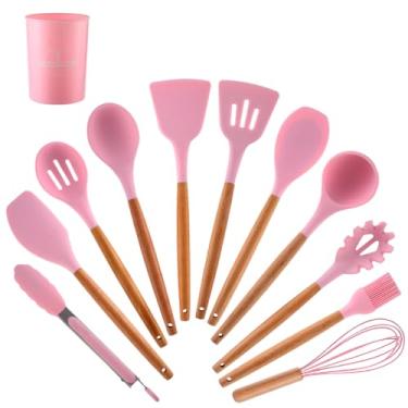 Imagem de Conjunto Utensílios Cozinha em Silicone Cabo de Madeira Kit 12 Peças Leve Premium Antiaderente Espátula Duráveis Confeitar Organizar Cozinhar Resistentes Altas Temperaturas Colher Concha Rosa