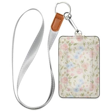 Imagem de Burbuja Porta-crachá de couro com cordão, etiqueta de identificação de flores com 1 janela transparente para identidade e 2 compartimentos para cartão para escritório, enfermeira, professor, médico