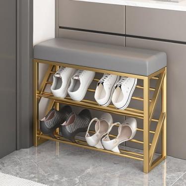 Imagem de Banco estofado para sapatos de entrada, banco organizador de sapatos com prateleira de sapatos de 2 níveis, banco de sapateira com pernas de metal, banco de quarto moderno para o final da cama (cinza