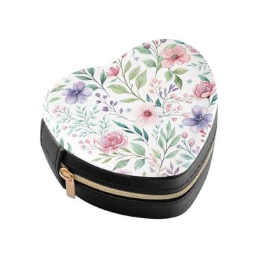 Imagem de Burbuja Caixa de joias floral em aquarela em forma de coração mini estojo de joias de viagem para mulheres e meninas, estojo portátil organizador de armazenamento para brincos, anéis, colares e
