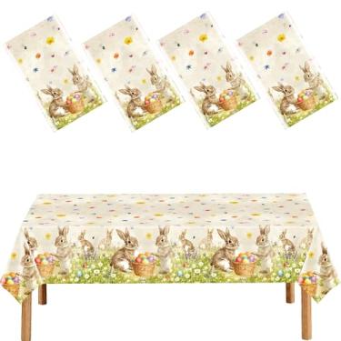 Imagem de FUULOXE 3 peças de toalha de mesa de plástico para Páscoa, 137 x 272 cm, capa de mesa retangular de cruz religiosa e coelho para decoração de festa de Páscoa em ambientes internos e externos