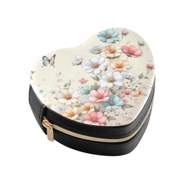 Imagem de Burbuja Caixa de joias em forma de coração, borboletas, flores desabrochando, mini estojo de viagem para mulheres e meninas, organizador portátil de armazenamento para brincos, anéis, colares e