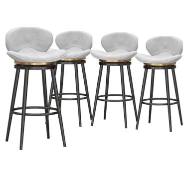 Imagem de Conjunto de 4 banquetas giratórias giratórias de fazenda rústicas com encosto, cadeiras de veludo com apoio para os pés, banquetas de metal modernas para ilha de cozinha, altura do assento 75 cm