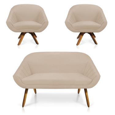 Imagem de Kit 01 Namoradeira 02 Lugares e 02 Poltronas Giratória Giovana Suede Base Madeira MM30 - D'Rossi