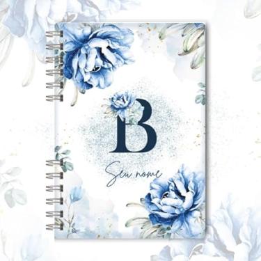 Imagem de Caderno A5 floral azul capa dura personalizado com inicial e nome, caderneta para anotações, caderno de anotações pautado ou sem pauta para estudo, organização e uso diário (B)