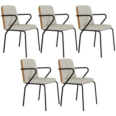 Imagem de Kit 05 Cadeiras Estofada Para Sala De Jantar Com Braço Loft Preto C01 Bouclê Vanilla Courino Caramelo - Lyam Decor