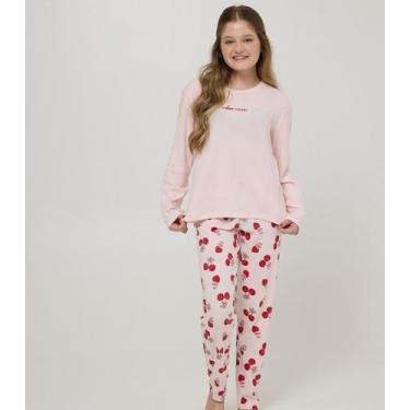 Imagem de Pijama Longo Feminino Juvenil Meia Malha Evanilda Rosa, 12, Rosa