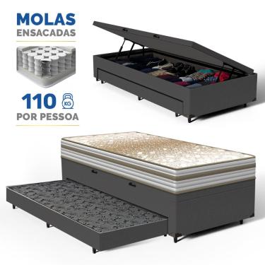 Imagem de Cama Box Baú com Colchão de Molas Ensacadas Double Face Pillow Euro Alfa Probel + Auxiliar Solteiro 88cm