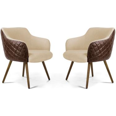 Imagem de Kit 02 Poltronas Jade Tressê Pés Palito Corano Rústico Marrom/linho Bege - Nexta Casa